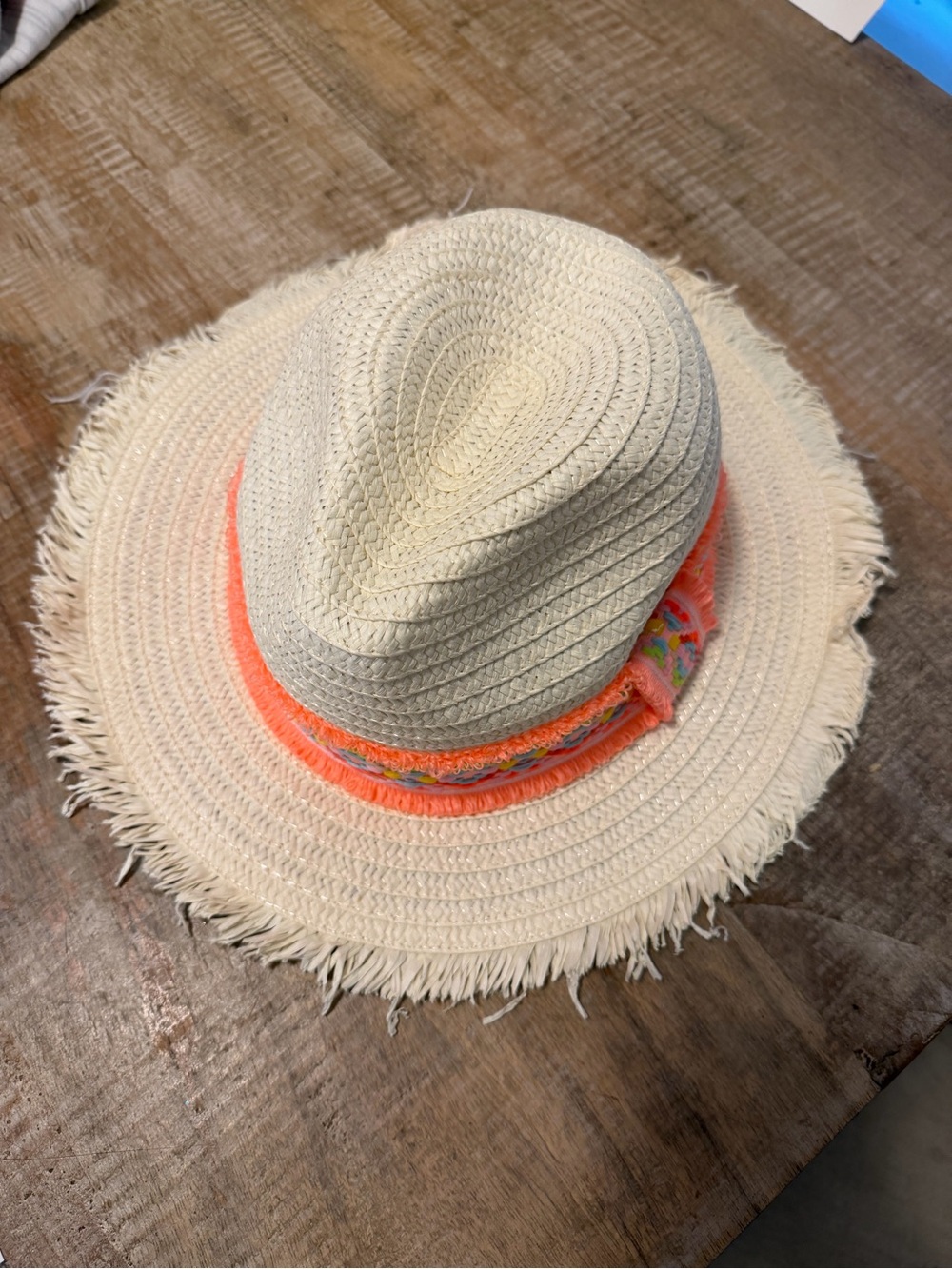 Womens Straw Sun Hat with Neon Orange Trim. EUC